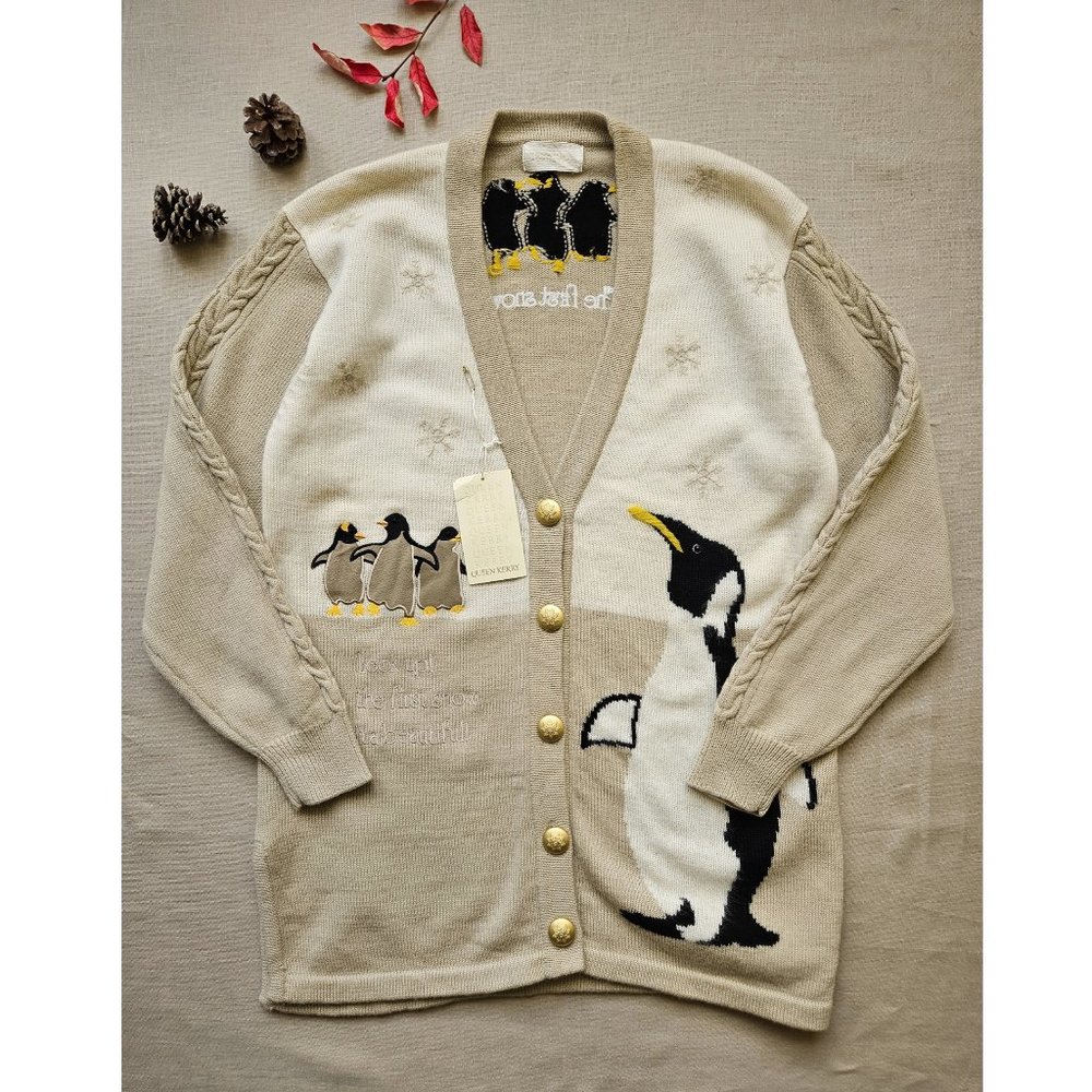 Vintage penguin wool knit cardigan women, relaxed classic fit v neck cardigan